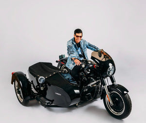 Bobby Haas on his Harley at the Haas Moto Museum. 